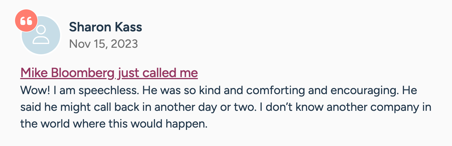 Sharon Kass post about receiving a call from Mike Bloomberg