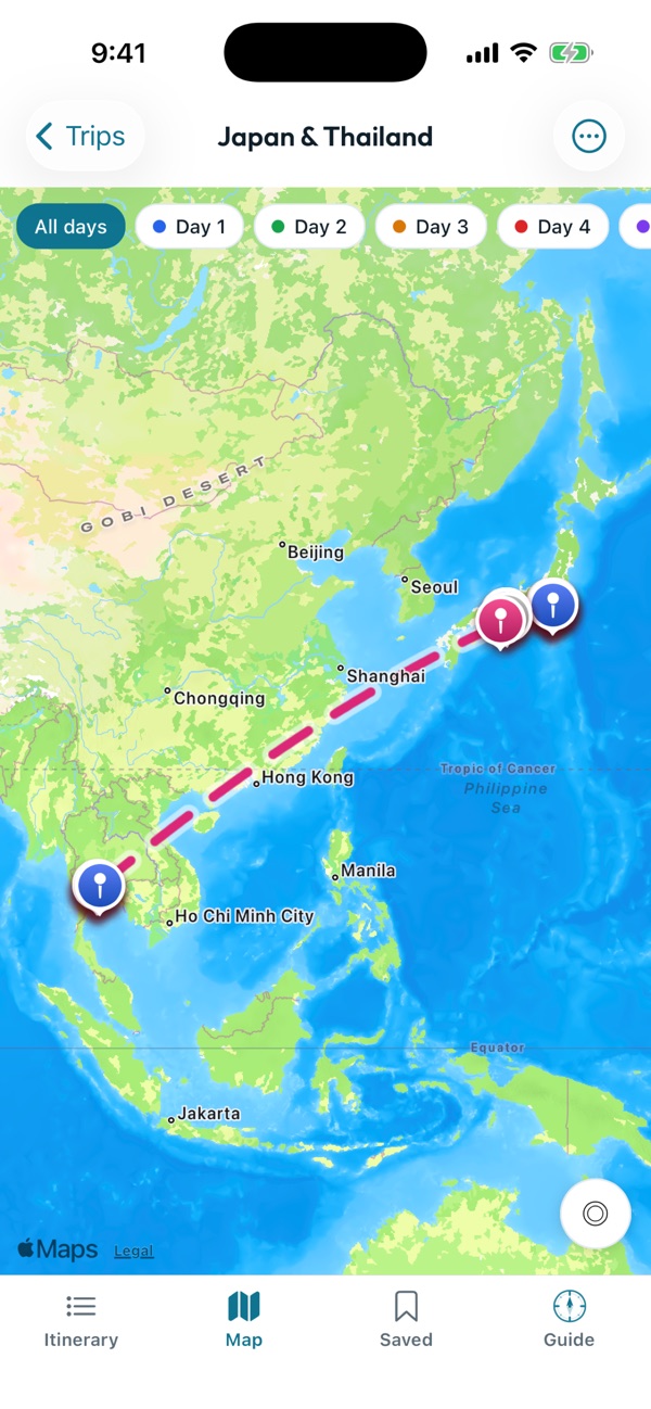 JourneyDoc trip map with the route between stops